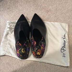 3.1 Phillip Lim Black Flats with Floral Embroidery